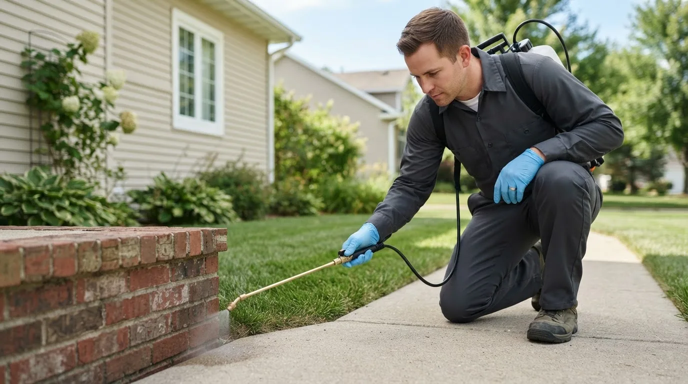 Pest control technician treating a home near Guilford, NY