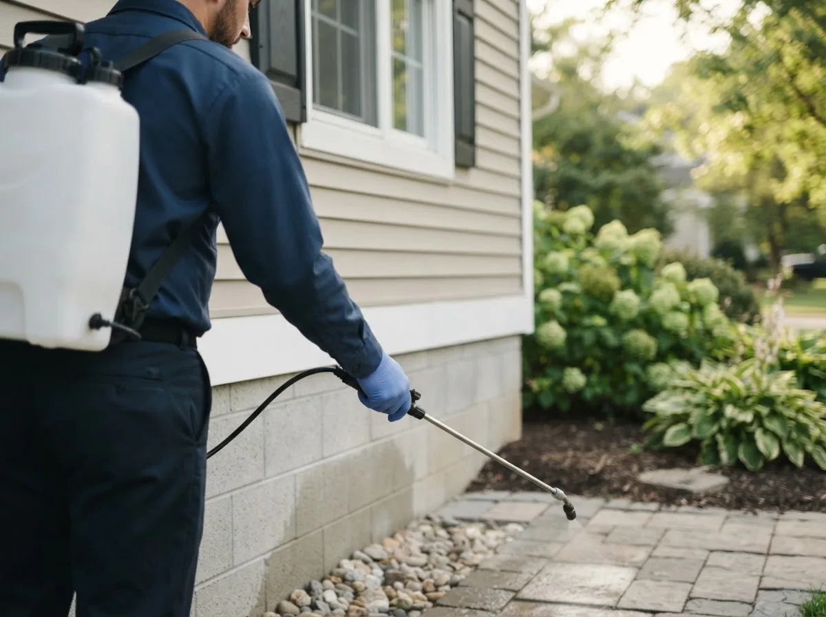 Pest control technician inspecting a home in Guilford, NY